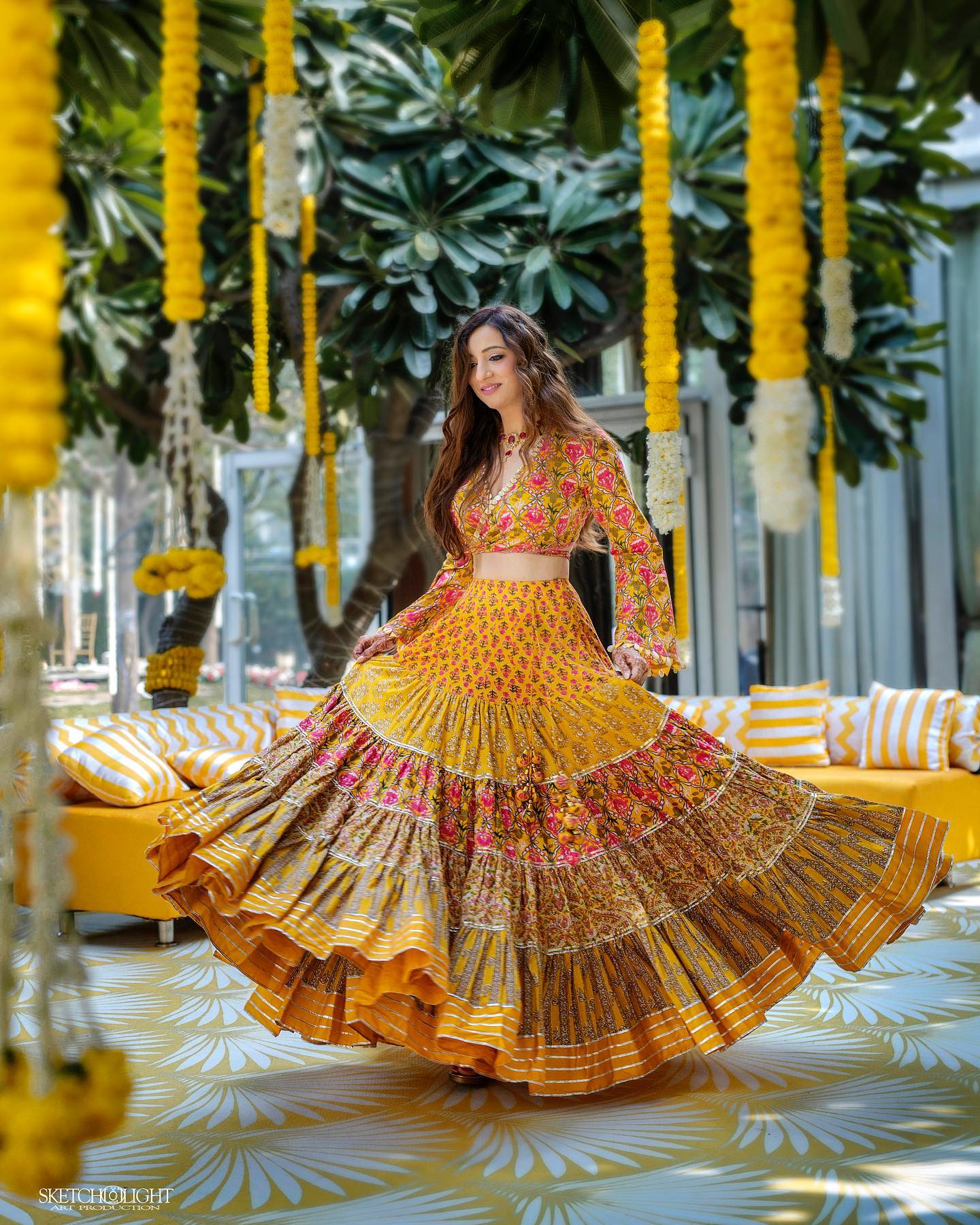 colourful indo western haldi skirt and top for bride 