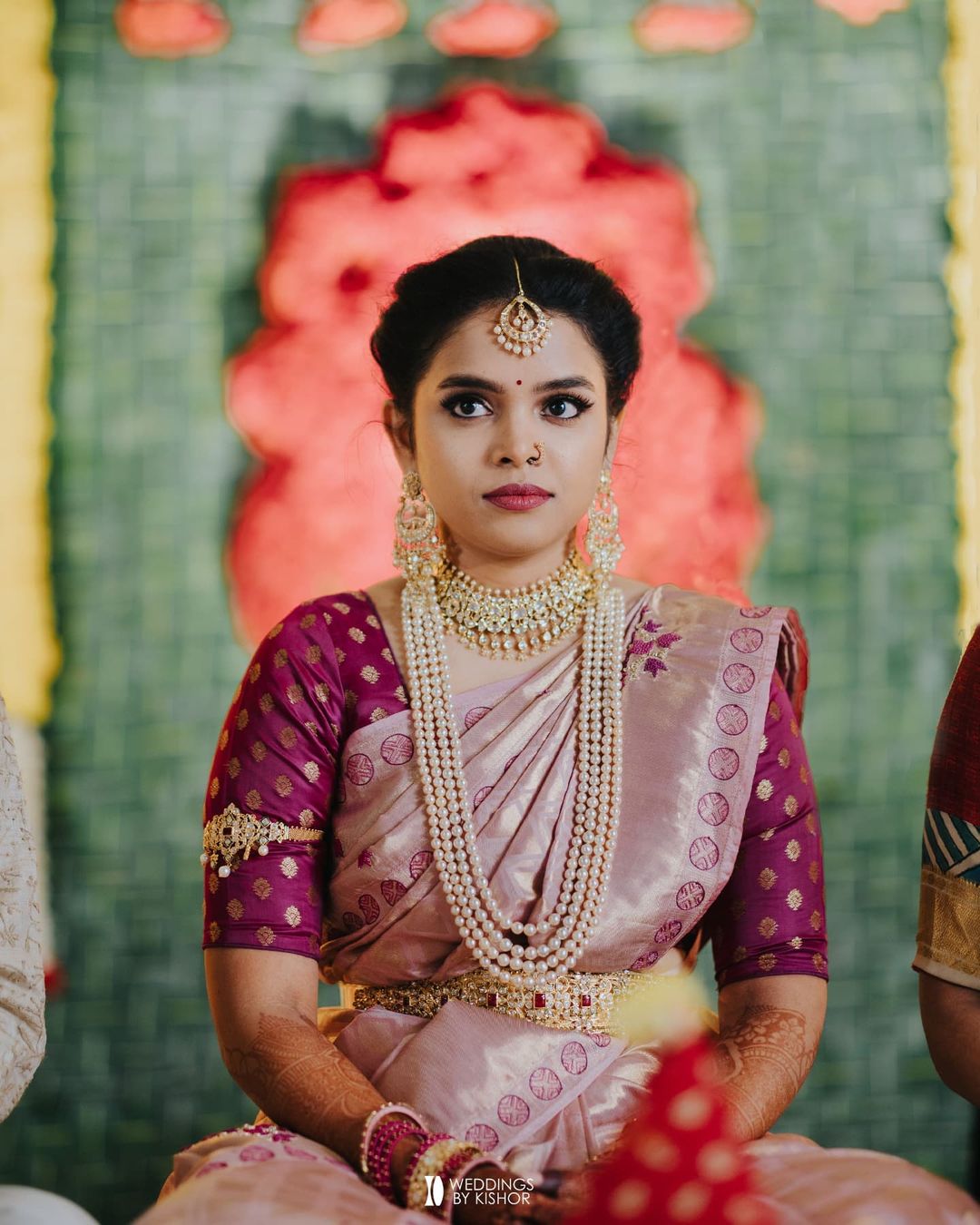 traditional south indian bridal look in pattu saree and kundan jewellery