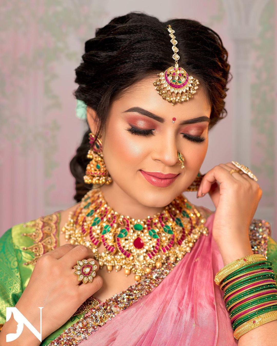 South Indian bridal makeup look with nude lips and soft eyes - wedding/engagement South Indian makeup look