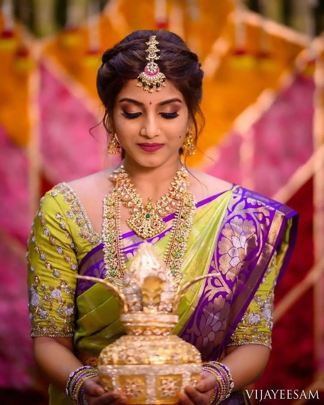 traditional front south indian bridal hairstyle and makeup