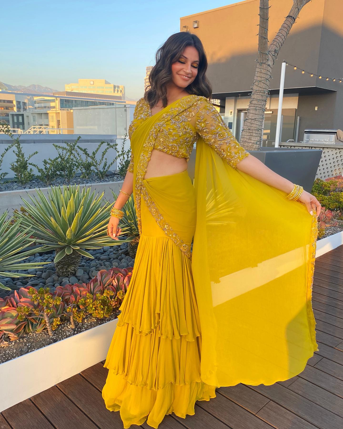 yellow mehndi ruffled saree for haldi for bride