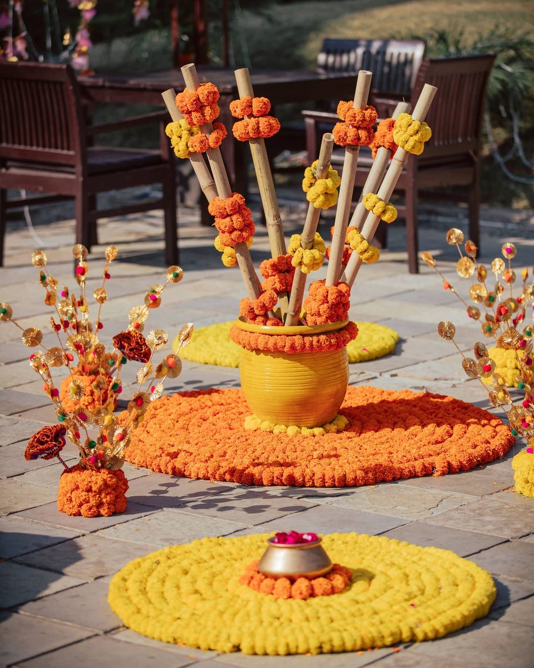 easy haldi decoration at home with yellow and orange marigold flowers