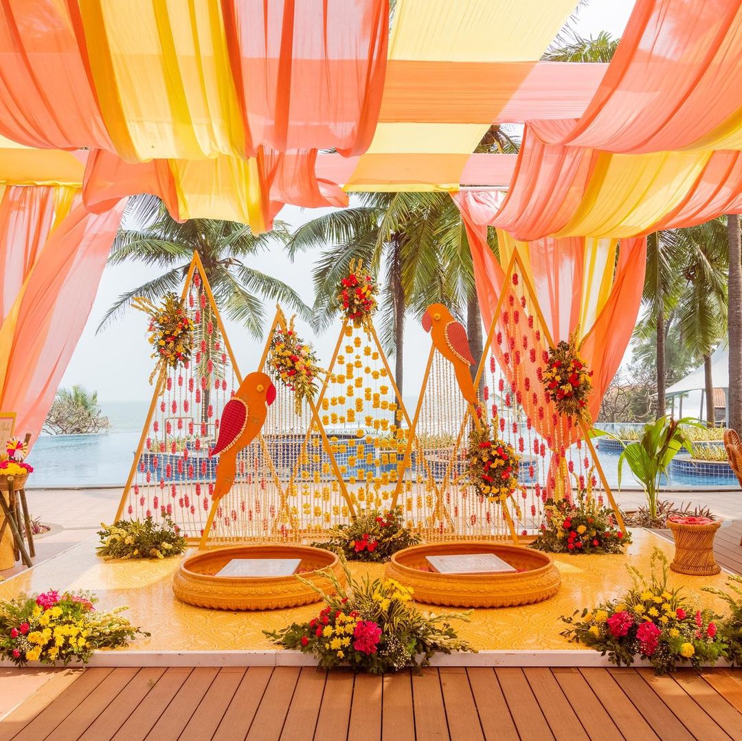geometric background haldi ceremony decoration for bride and groom