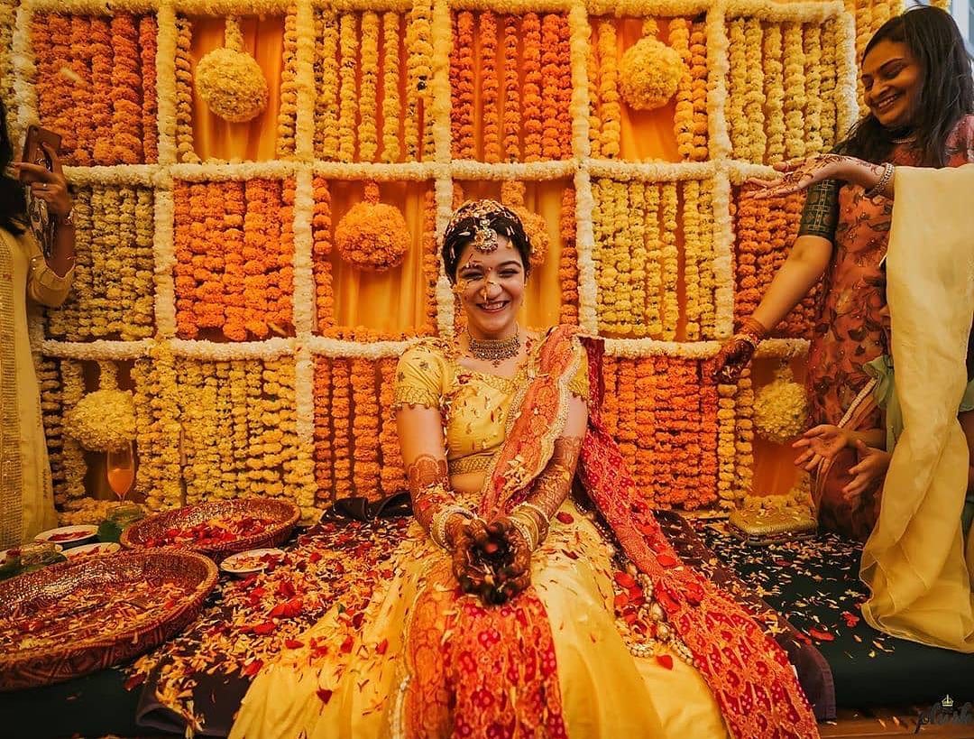 easy and simple marigold flower background haldi ceremony decoration for bride