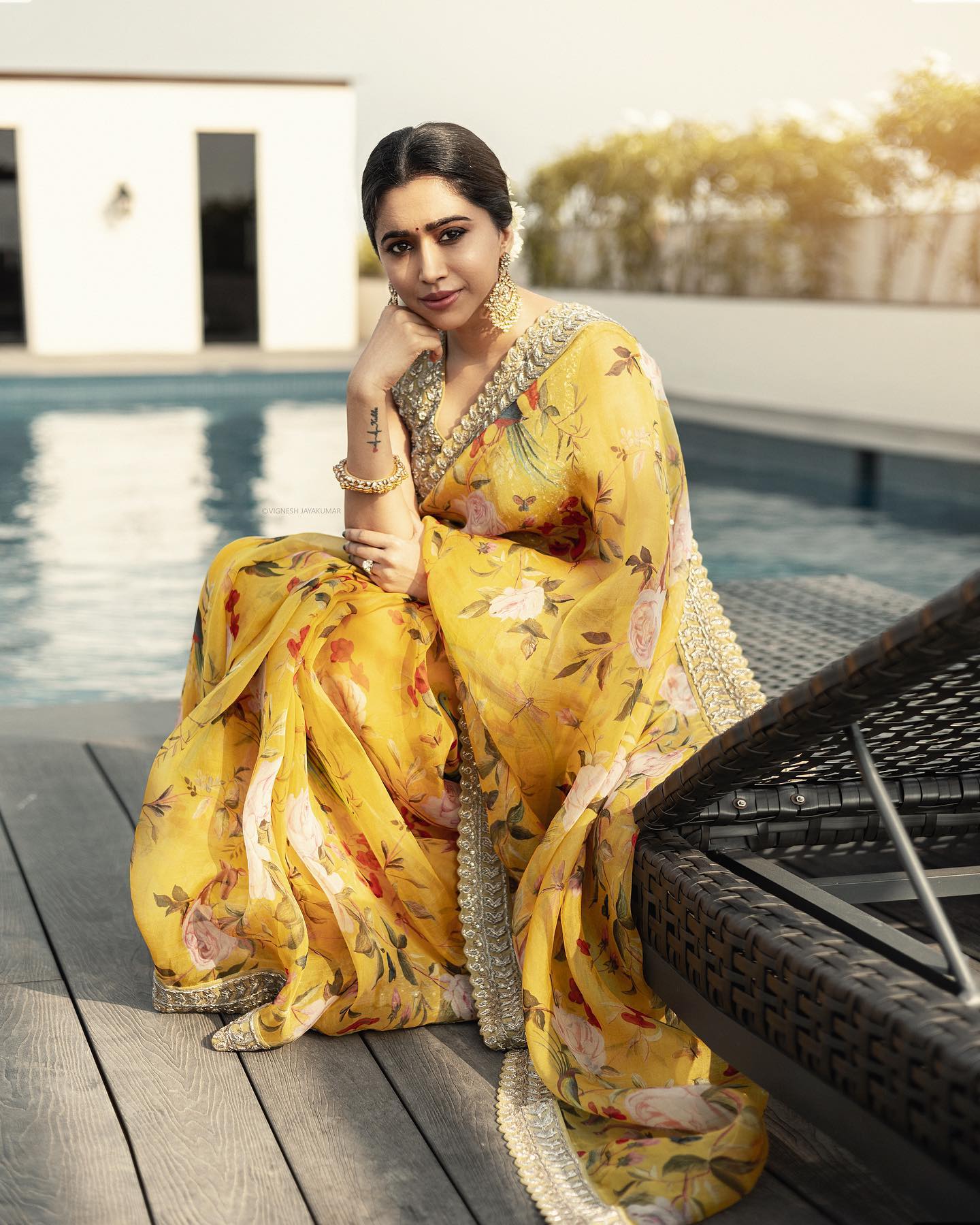 yellow floral printed saree for haldi ceremony for bride