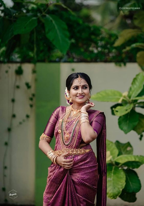 mauve south indian marriage saree for pelli kuthuru
