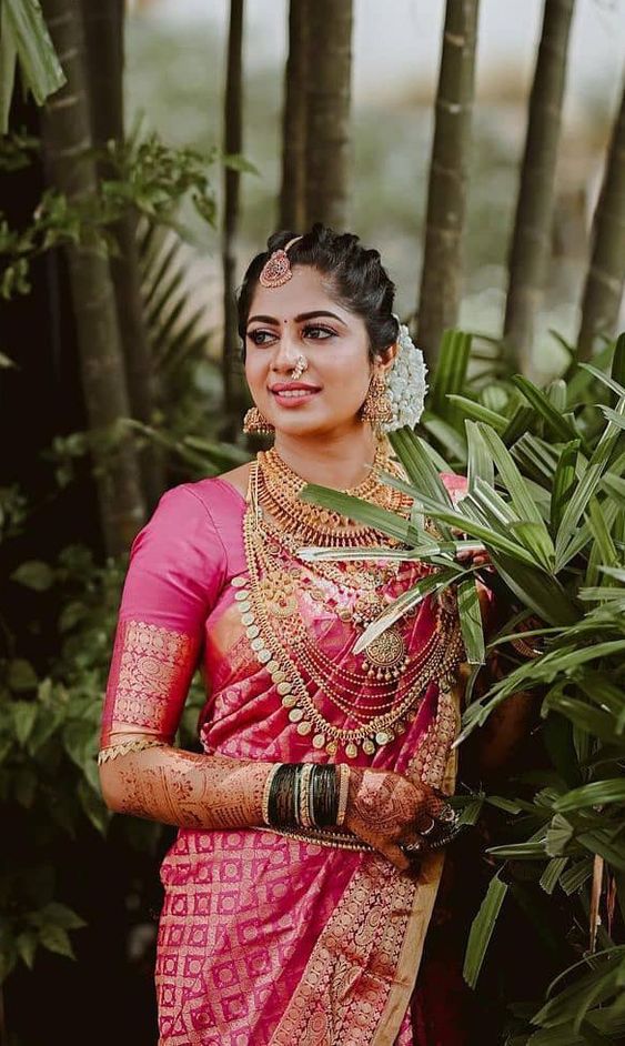 pink and golden pattu saree for south indian wedding