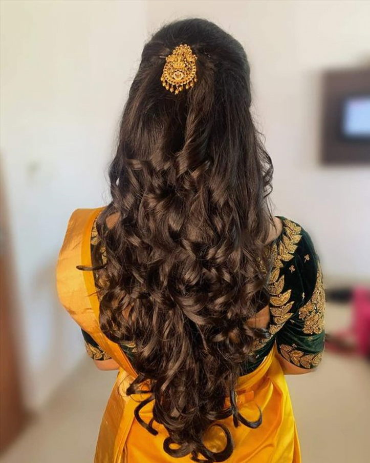 thin hair long hair reception hairstyles for saree
