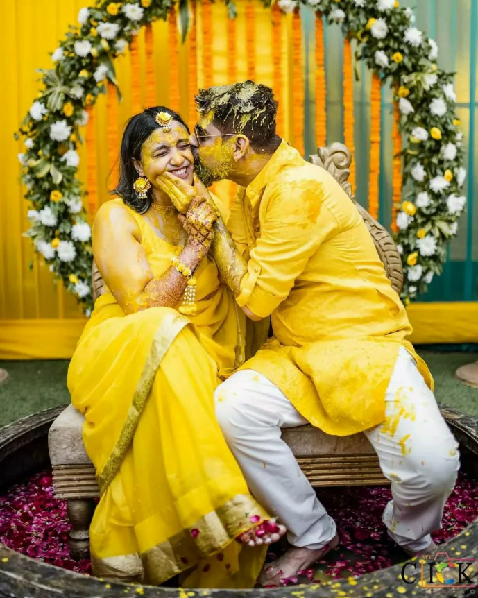 Haldi photoshoot poses - haldi pics of bride and groom