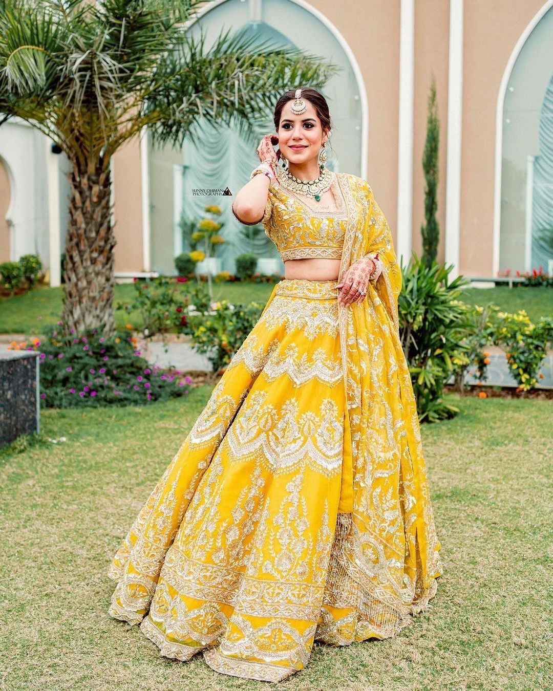 yellow embellished lehenga haldi outfit for bride