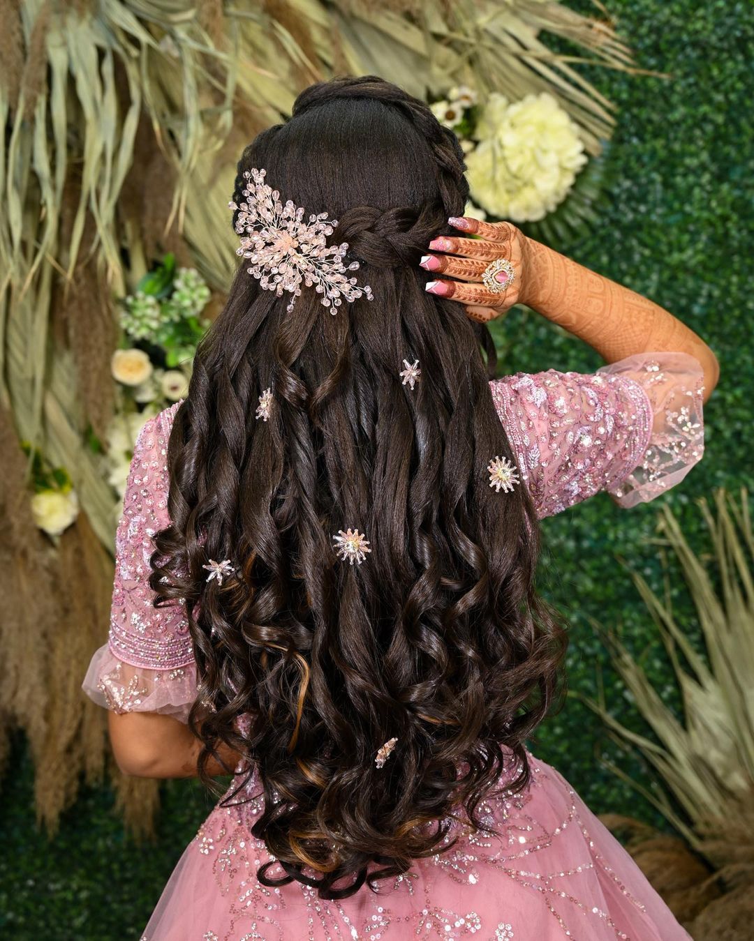 crown braid with curls hairstyle for gown for long hair