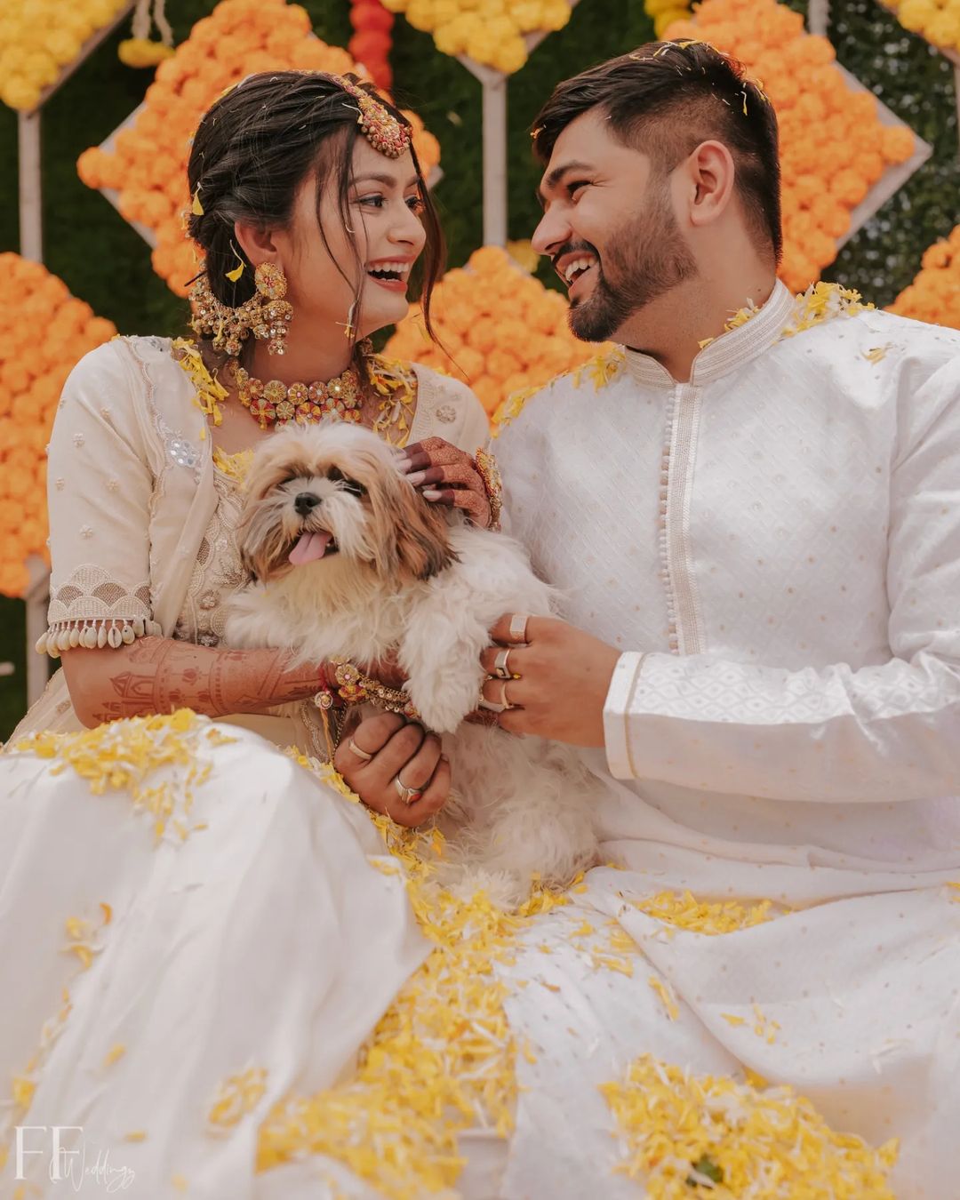 Haldi photoshoot poses for bride and groom with pets