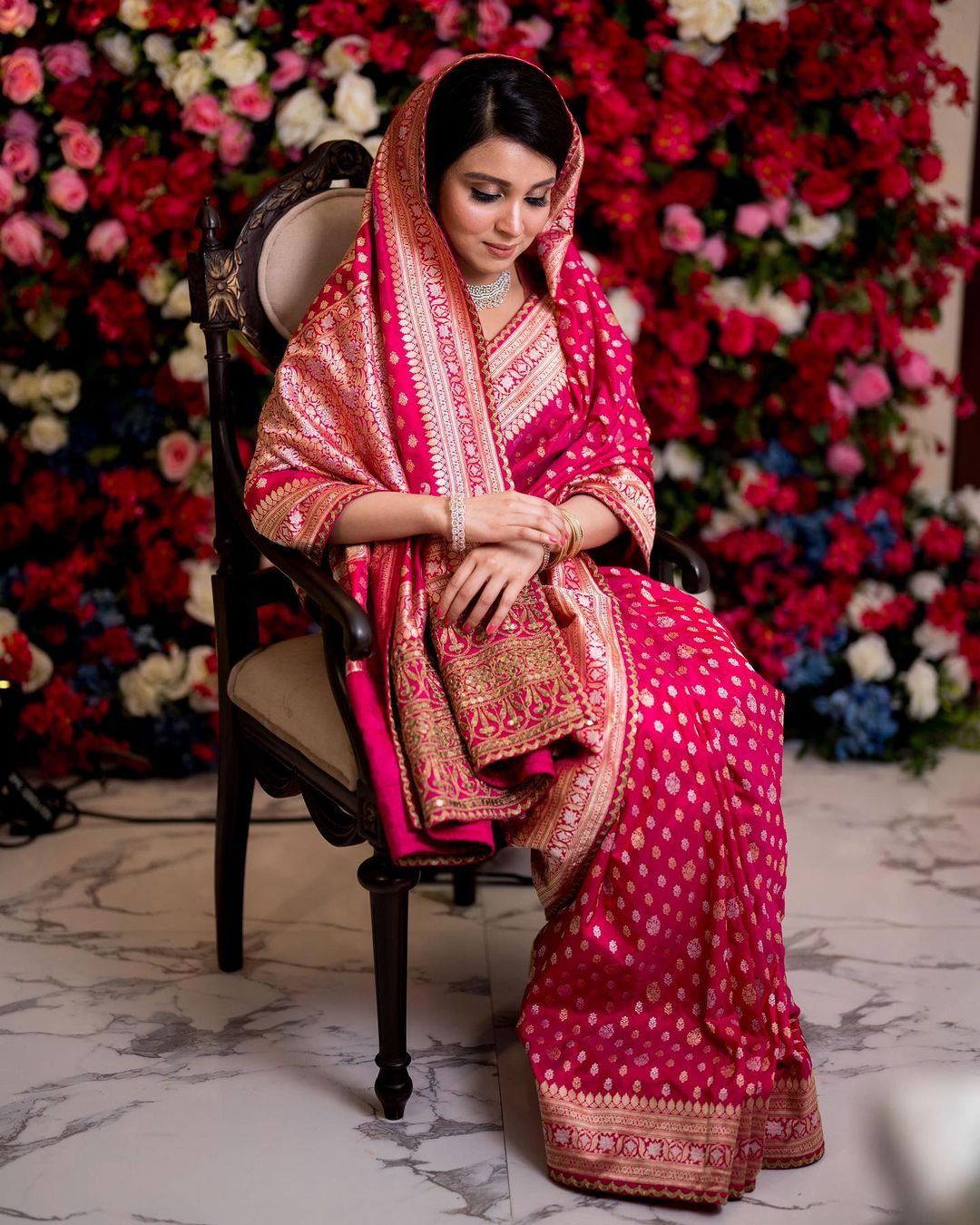 designer sabyasachi pink reception saree for bride
