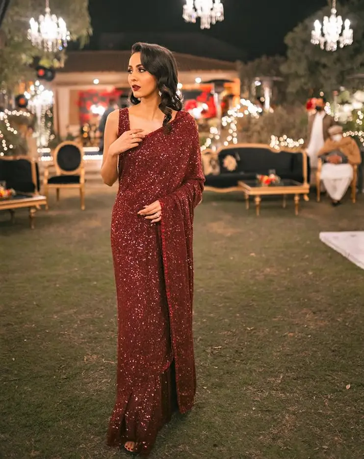 red sequin cocktail saree dress for bride