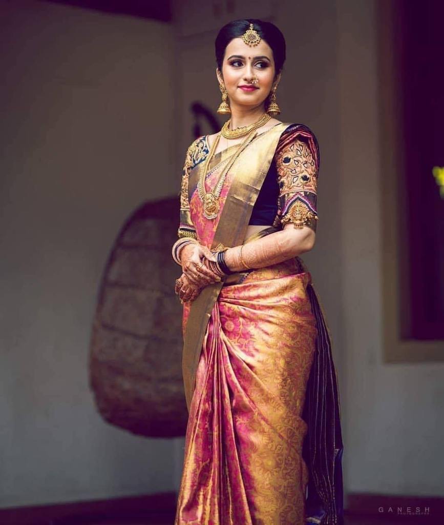pink and gold kanjeevaram bridal saree