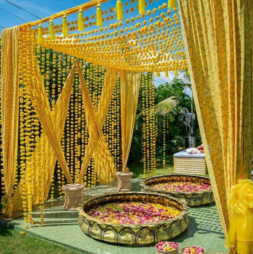 beautiful haldi stage decoration at home for bride and groom