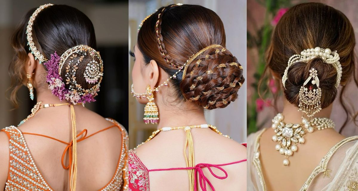 embellished bun hairstyle for crop top lehenga for engagement