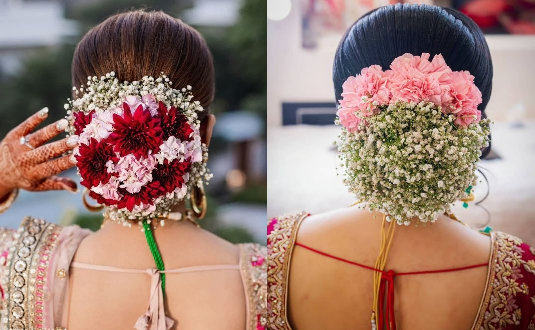 floral bun engagement hairstyle for lehenga
