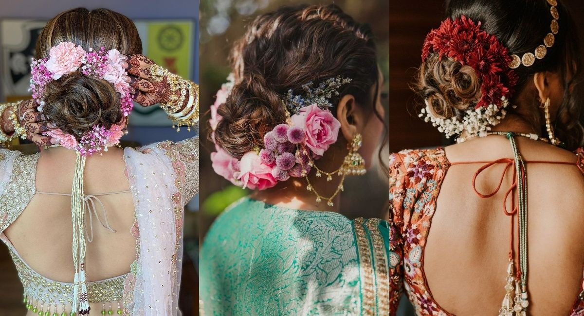 floral bun engagement hairstyles for lehenga