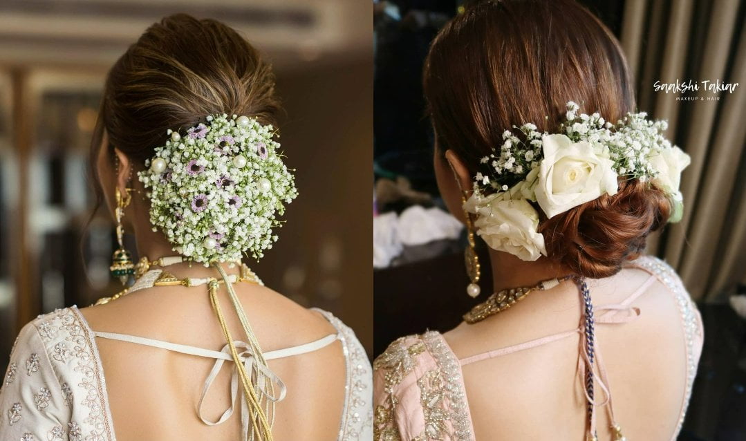 baby breath floral bun bridal hairstyle for lehenga