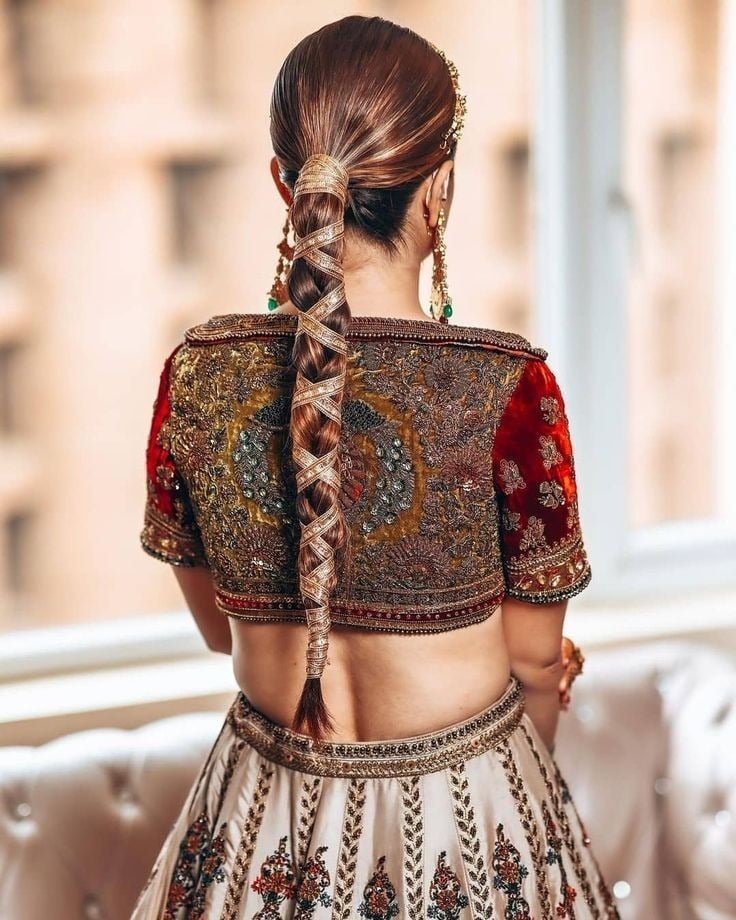 best and latest gota choti hairstyle for engagement in lehenga