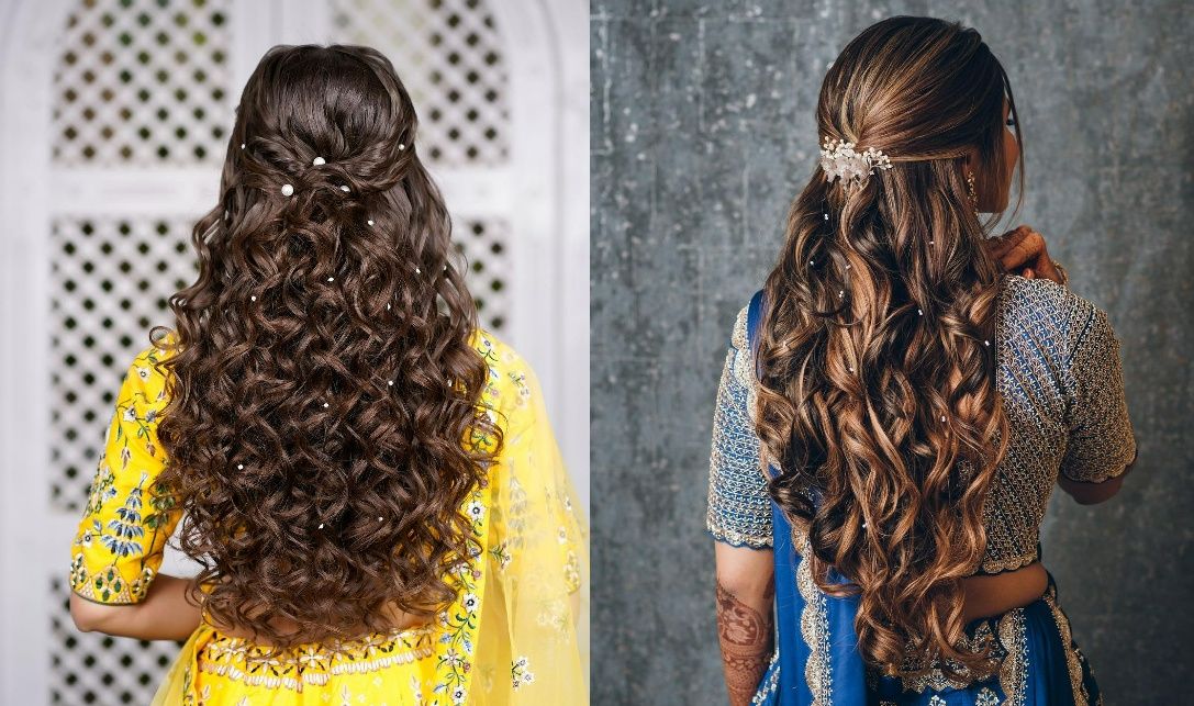 latest half tie curls engagement hairstyle with lehenga