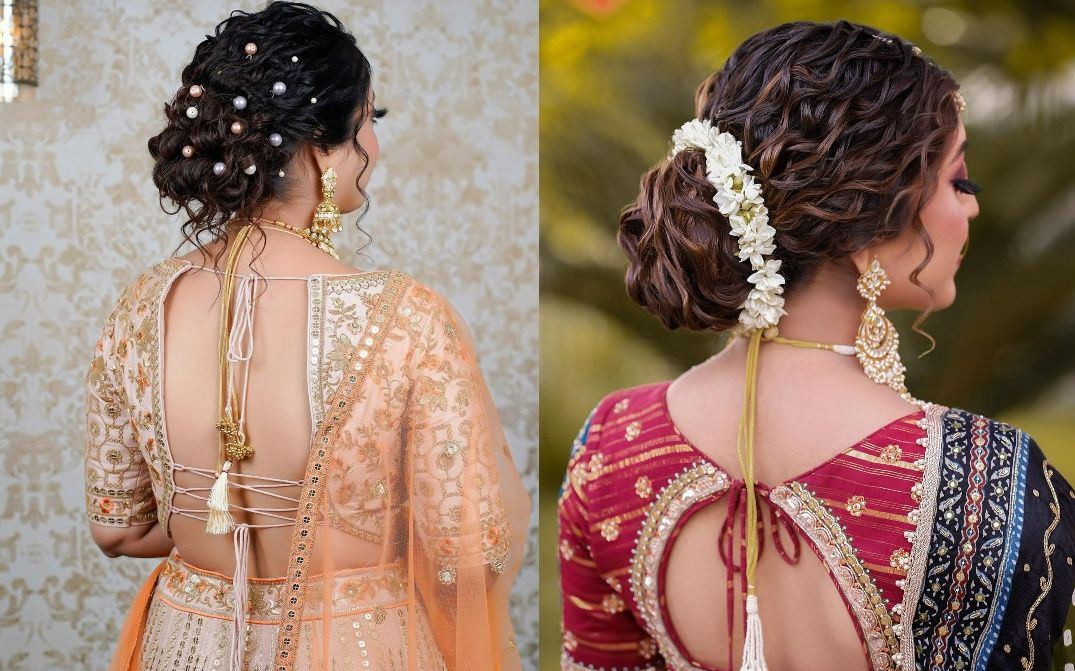 messy bun hairstyle for engagement in lehenga