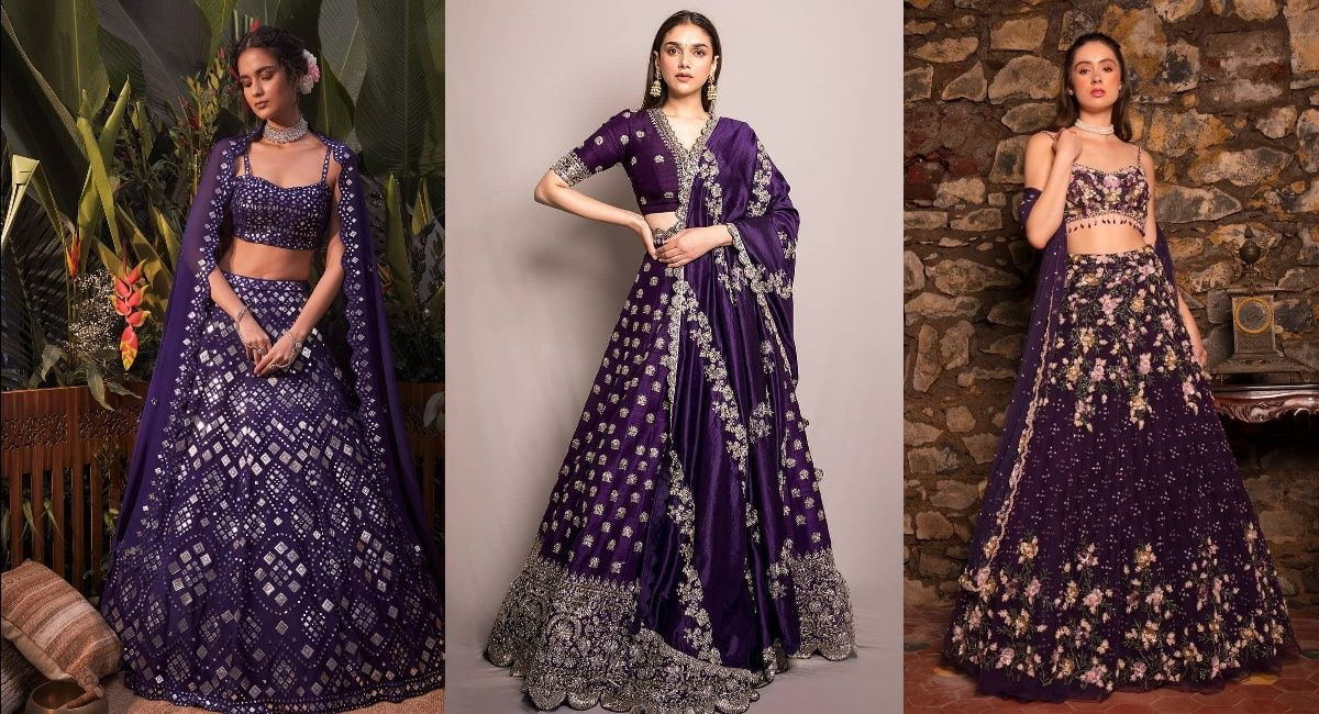 sangeet dresses for bride featuring modern purple embellished lehengas