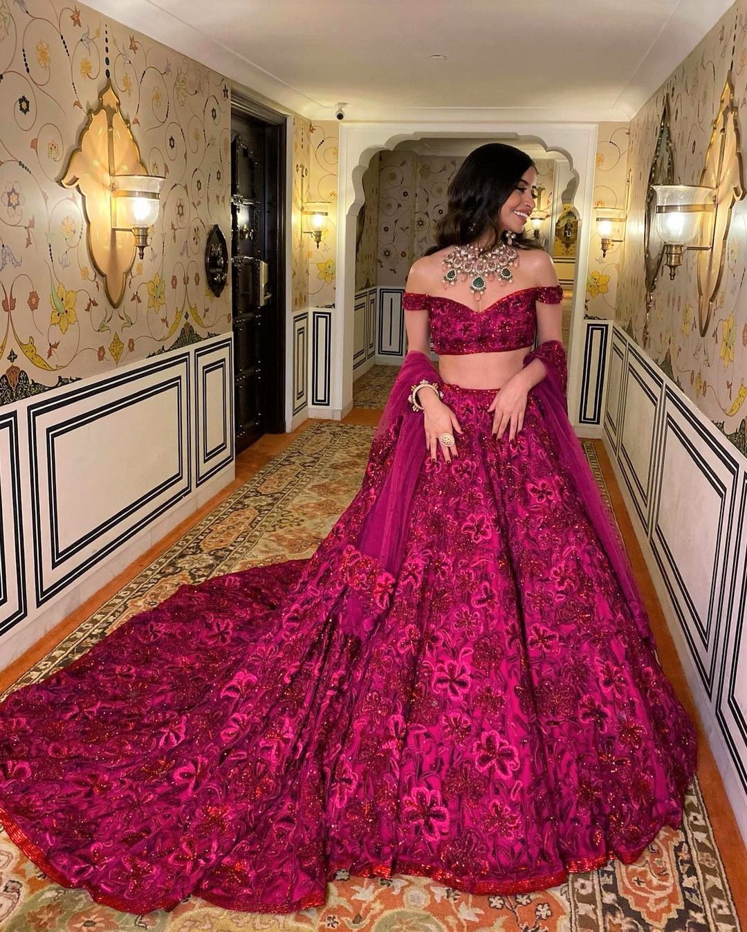 designer pink reception lehenga with off shoulder blouse