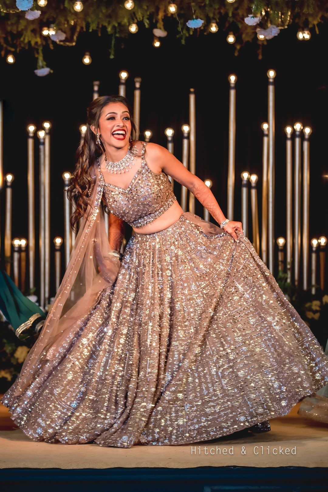 monochromatic and shimmery beige lehenga reception dress for bride