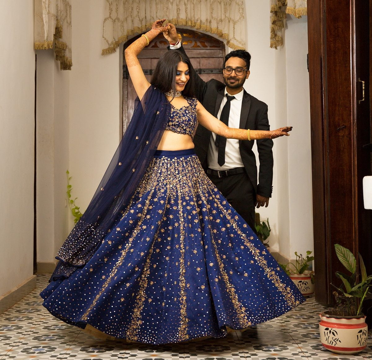 blue and golden embroidered lehenga reception dress for bride