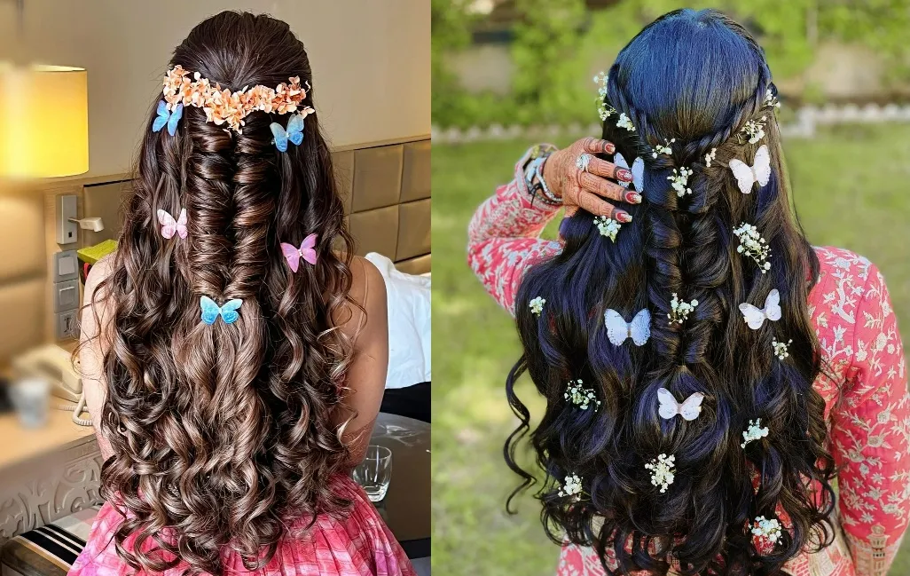 best engagement hairstyle for bride with butterfly accessory and braid