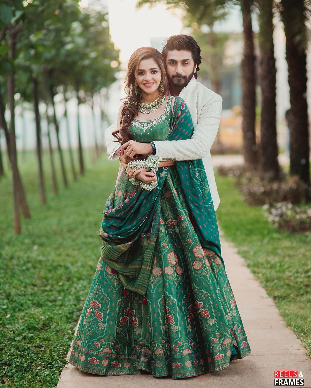 green floral print mehendi dress for bride