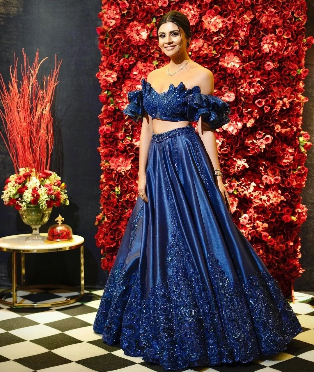 blue sequin lehenga with statement crop top blouse for sangeet