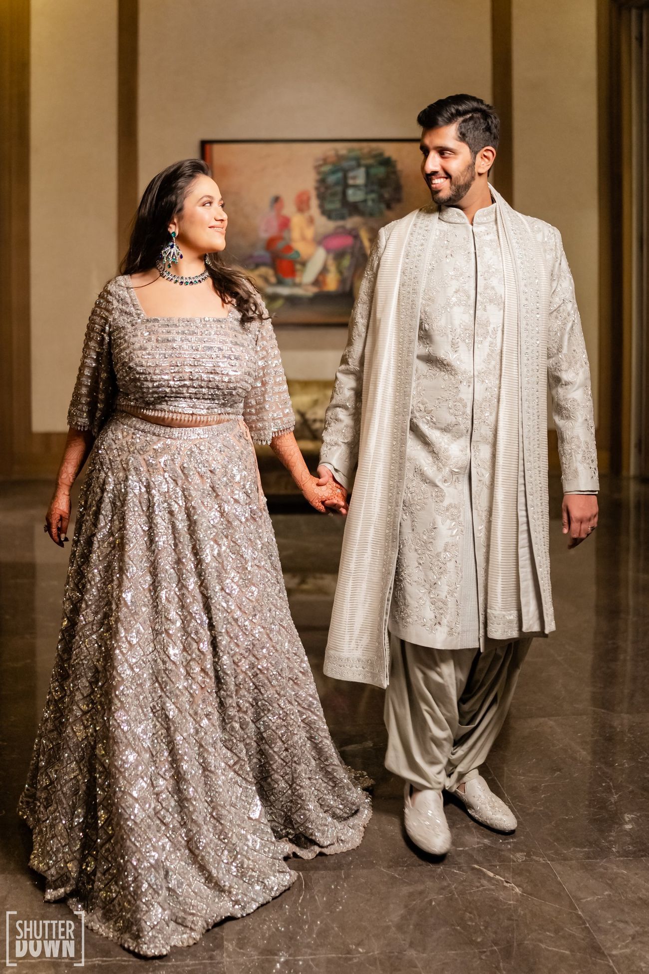 silver sequin lehenga with statement blouse for sangeet