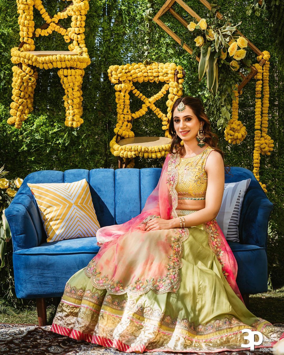 yellow and green lehenga choli haldi dress for bride