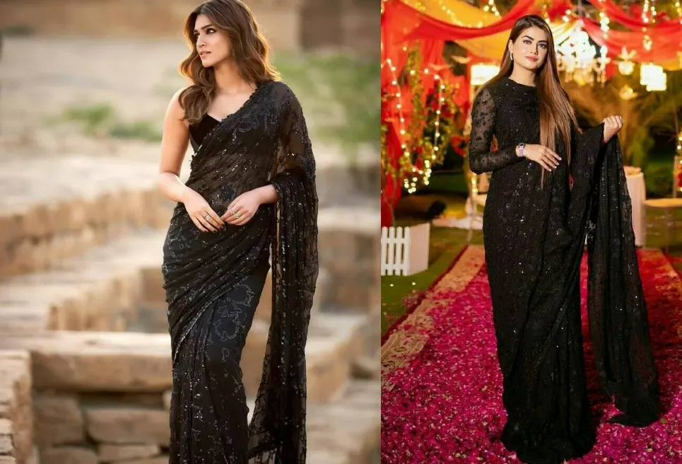 black reception and sangeet saree for bridesmaid