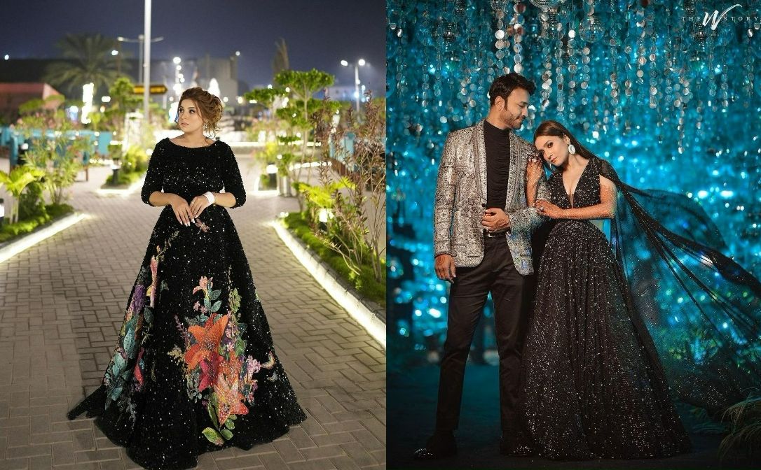 black sequin evening gowns for sangeet for bride