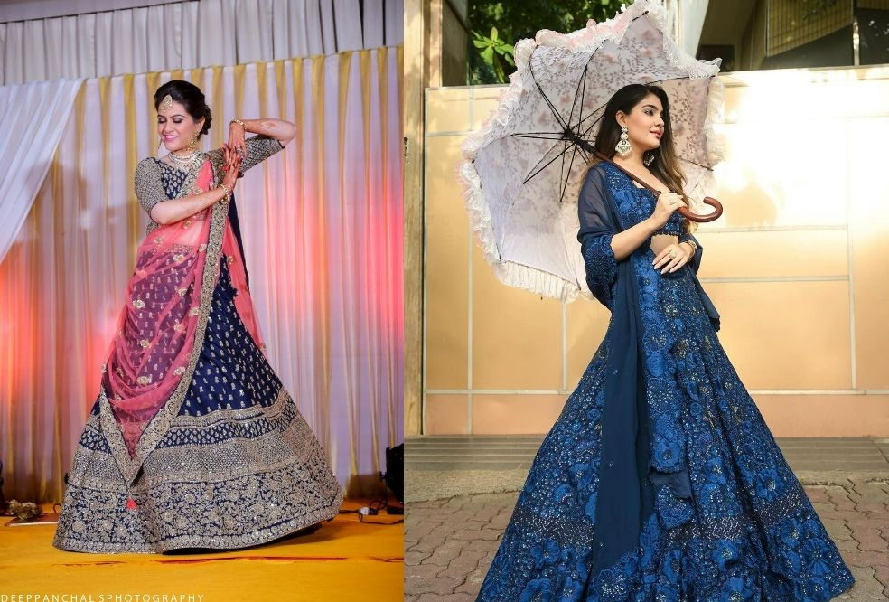 sangeet dresses for bride featuring blue embellished lehengas