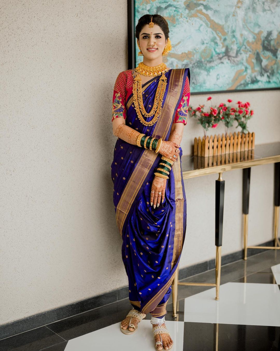 blue maharashtrian nauvari saree for reception