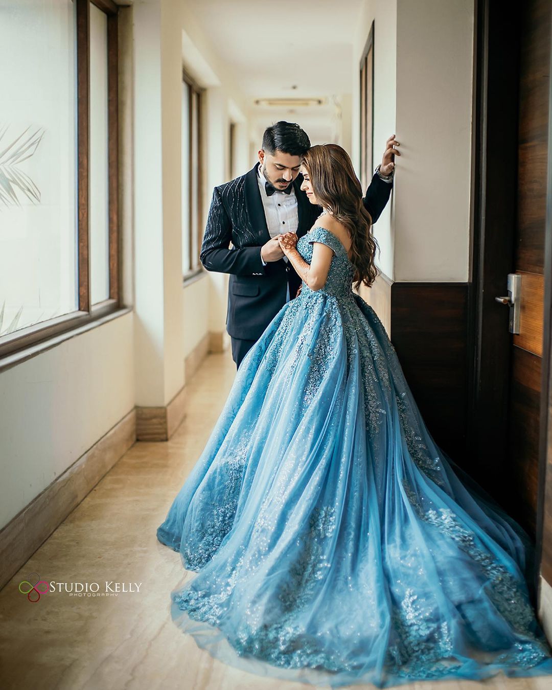 blue off-shoulder engagement ball gown for bride