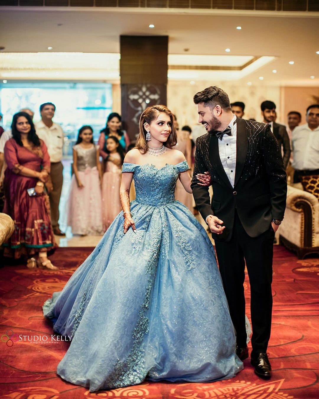 blue off-shoulder ball gown dress for engagement for bride