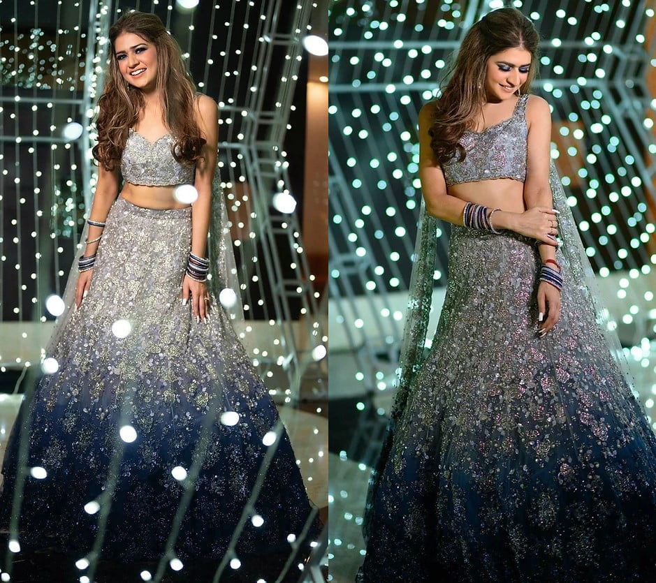 natasha dalal blue ombre sequin cocktail lehenga for bride