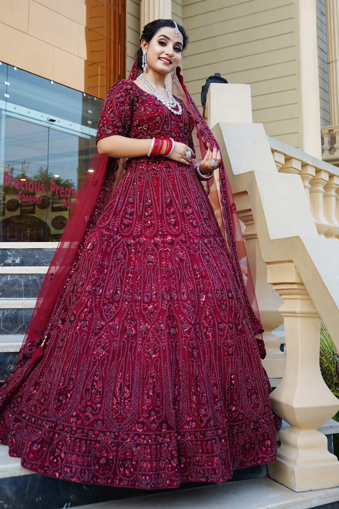 monotone burgundy bridal reception lehenga 