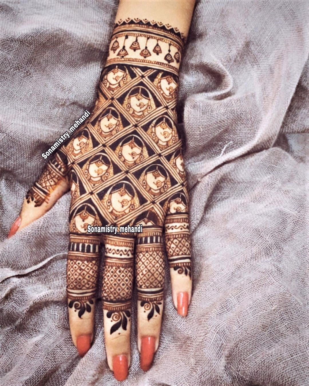 unique and modern bridal mehndi for back hand with bride face