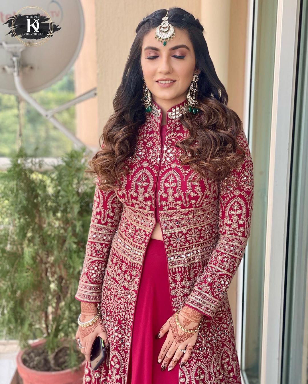 bride in burgundy front-slit kurta and palazzo