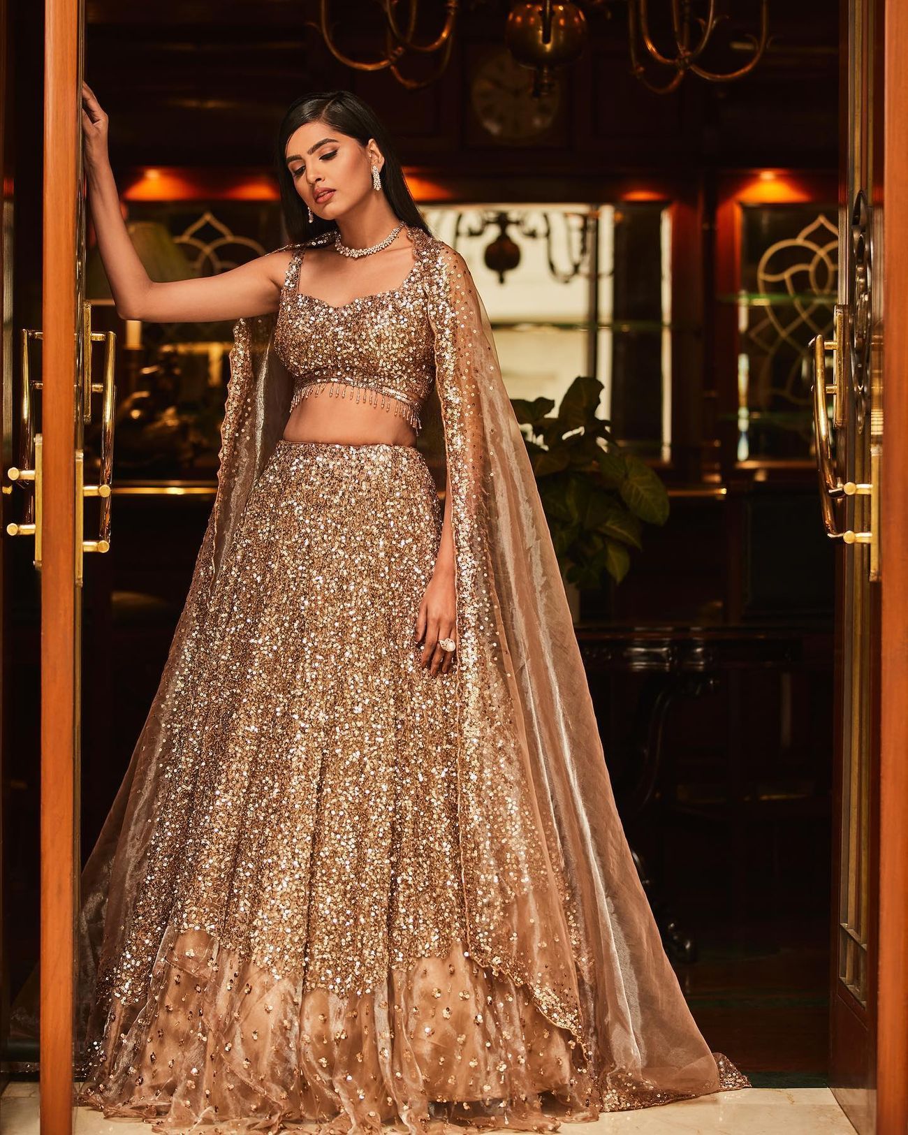 champagne gold sequin lehenga for cocktail and sangeet