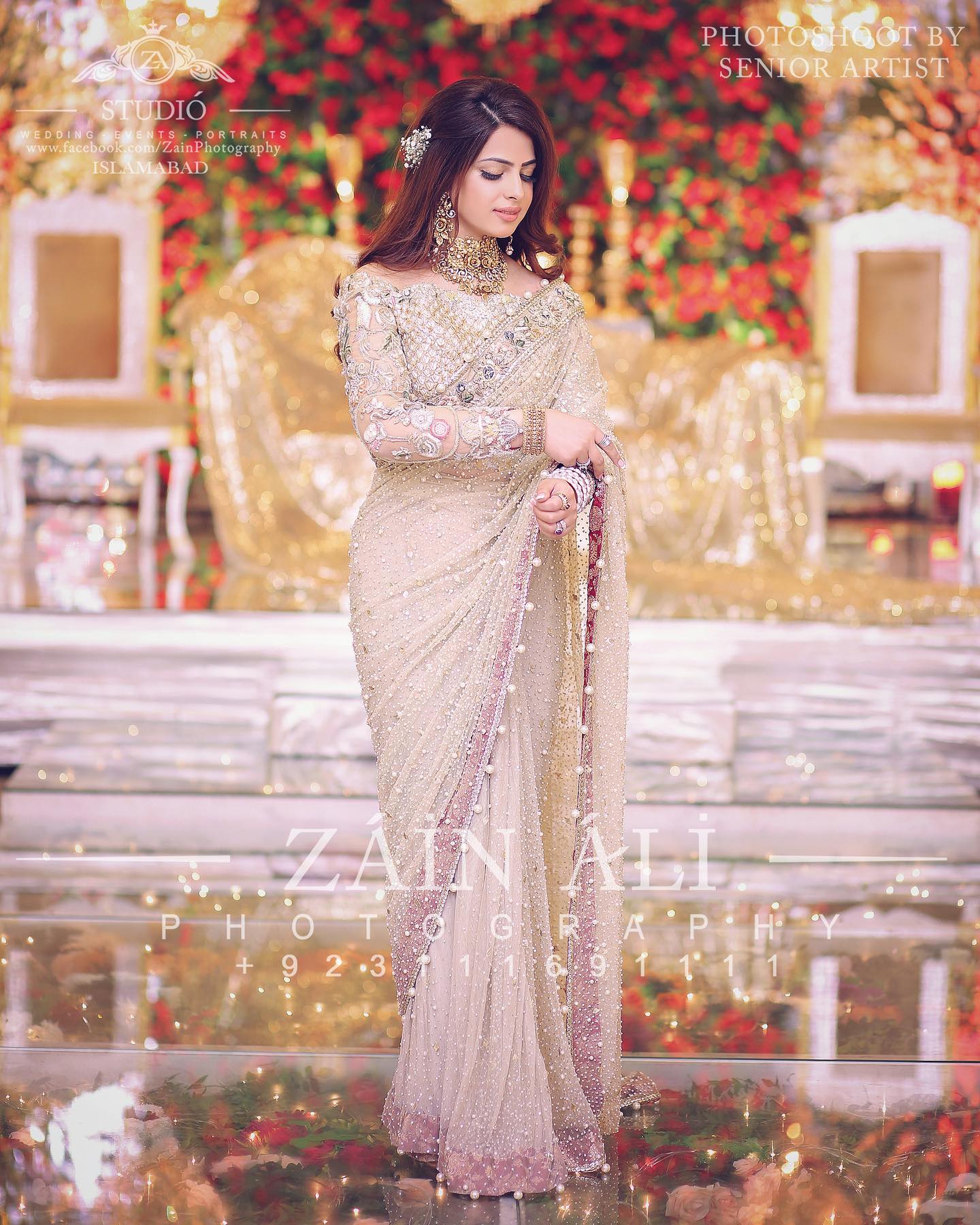 bride in designer cream engagement saree