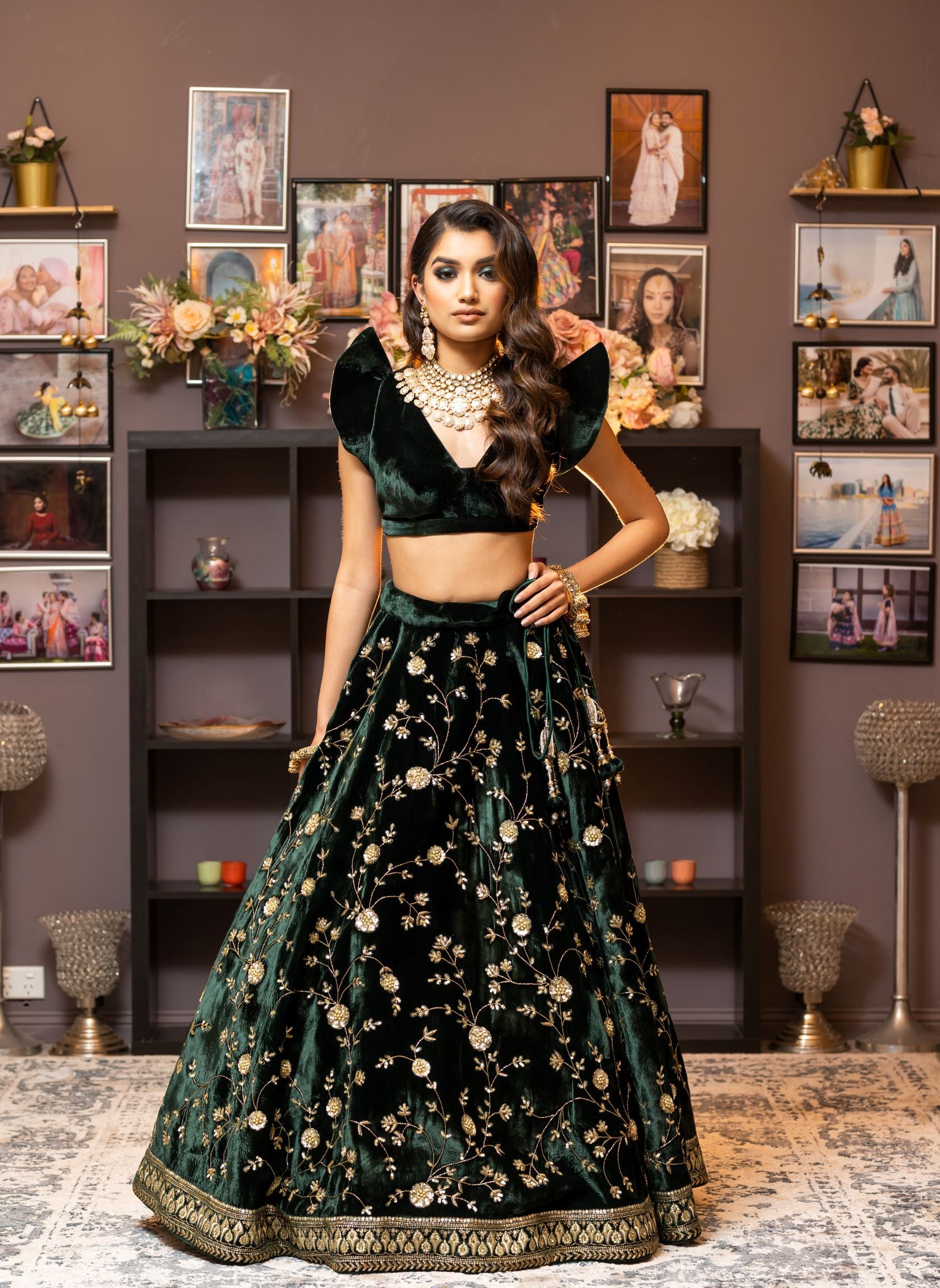 dark green embroidered lehenga with crop top for reception