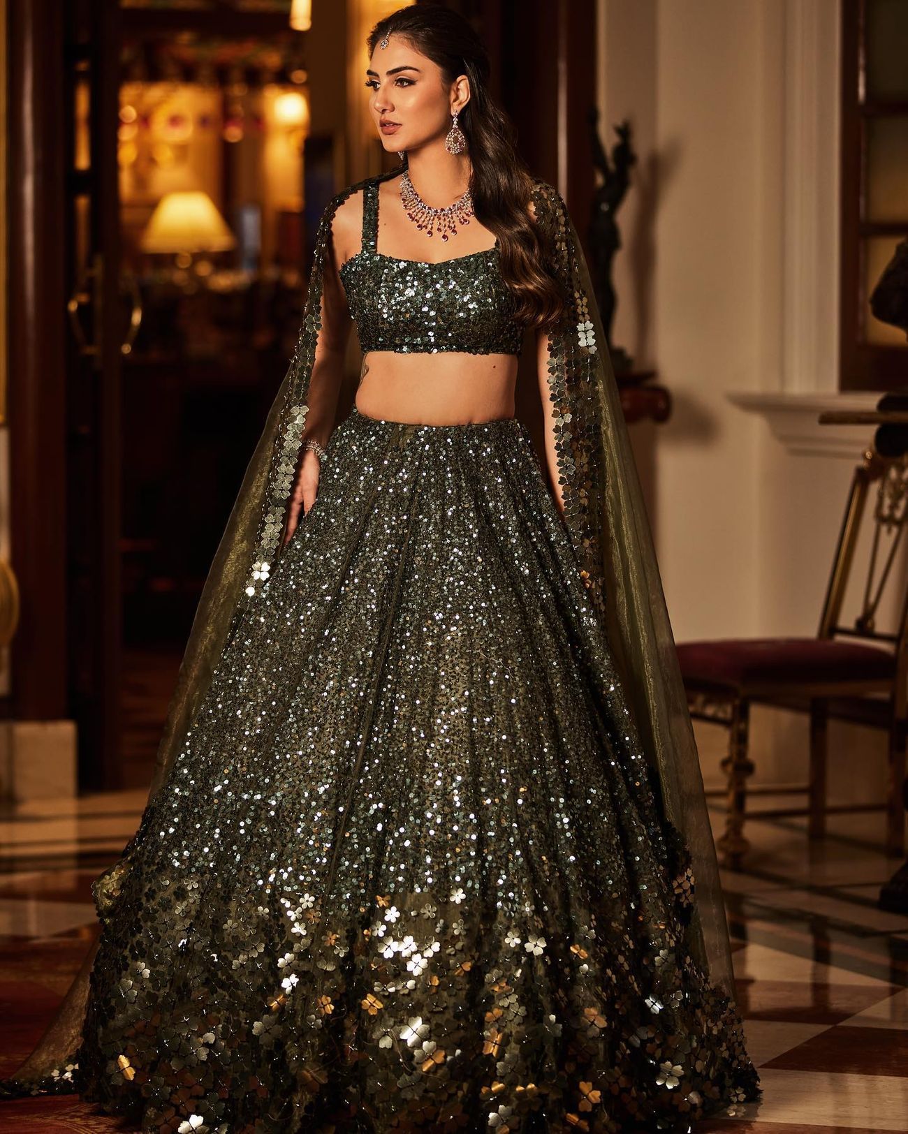 dark green sequin lehenga choli for sangeet